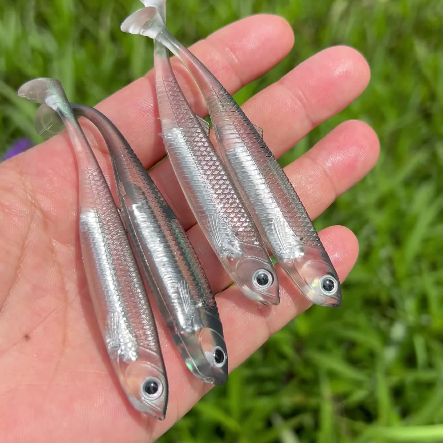 4pcs Rainbow T-Tail Soft Lures, 3.94" PVC Fishing Baits for Freshwater & Saltwater -