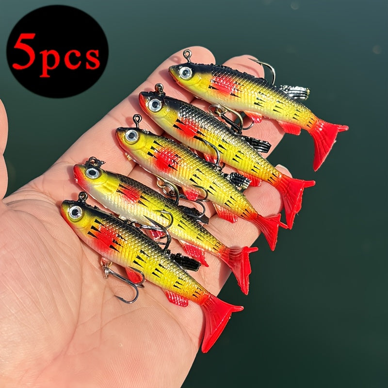 5pcs Premium T-Tail Soft Lures - 8.0cm Leaded Fishing Baits for Freshwater & Saltwater, Ideal for Bass, Redfish, Salmon, Trout, Snakehead, Pike - Mixed Colors