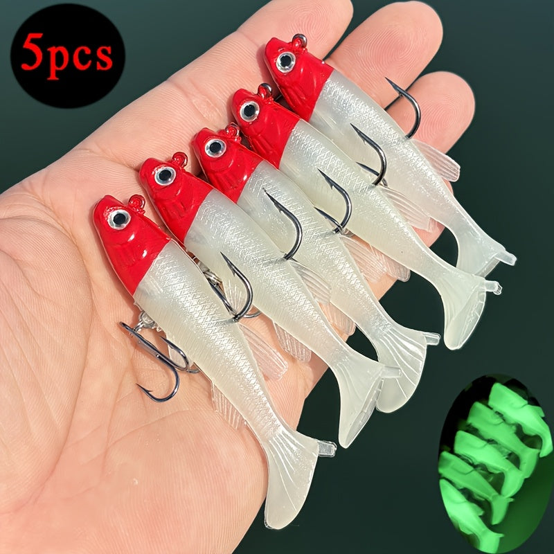 5pcs Premium T-Tail Soft Lures - 8.0cm Leaded Fishing Baits for Freshwater & Saltwater, Ideal for Bass, Redfish, Salmon, Trout, Snakehead, Pike - Mixed Colors