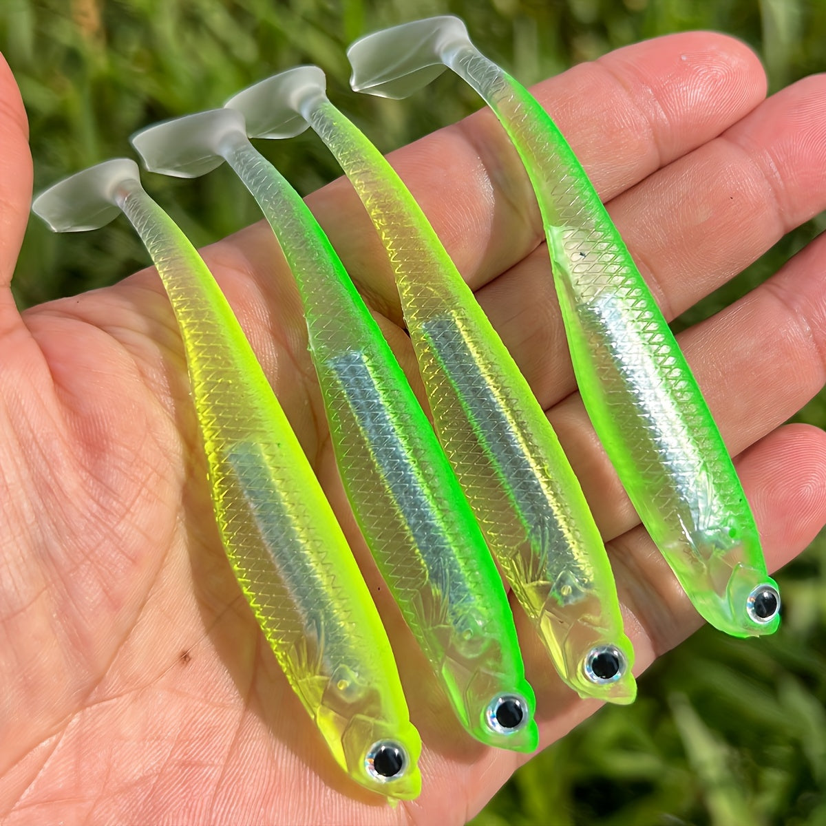 4pcs Rainbow T-Tail Soft Lures, 3.94" PVC Fishing Baits for Freshwater & Saltwater -