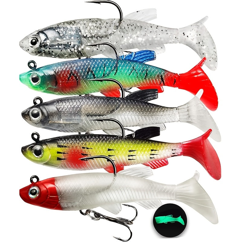 5pcs Premium T-Tail Soft Lures - 8.0cm Leaded Fishing Baits for Freshwater & Saltwater, Ideal for Bass, Redfish, Salmon, Trout, Snakehead, Pike - Mixed Colors