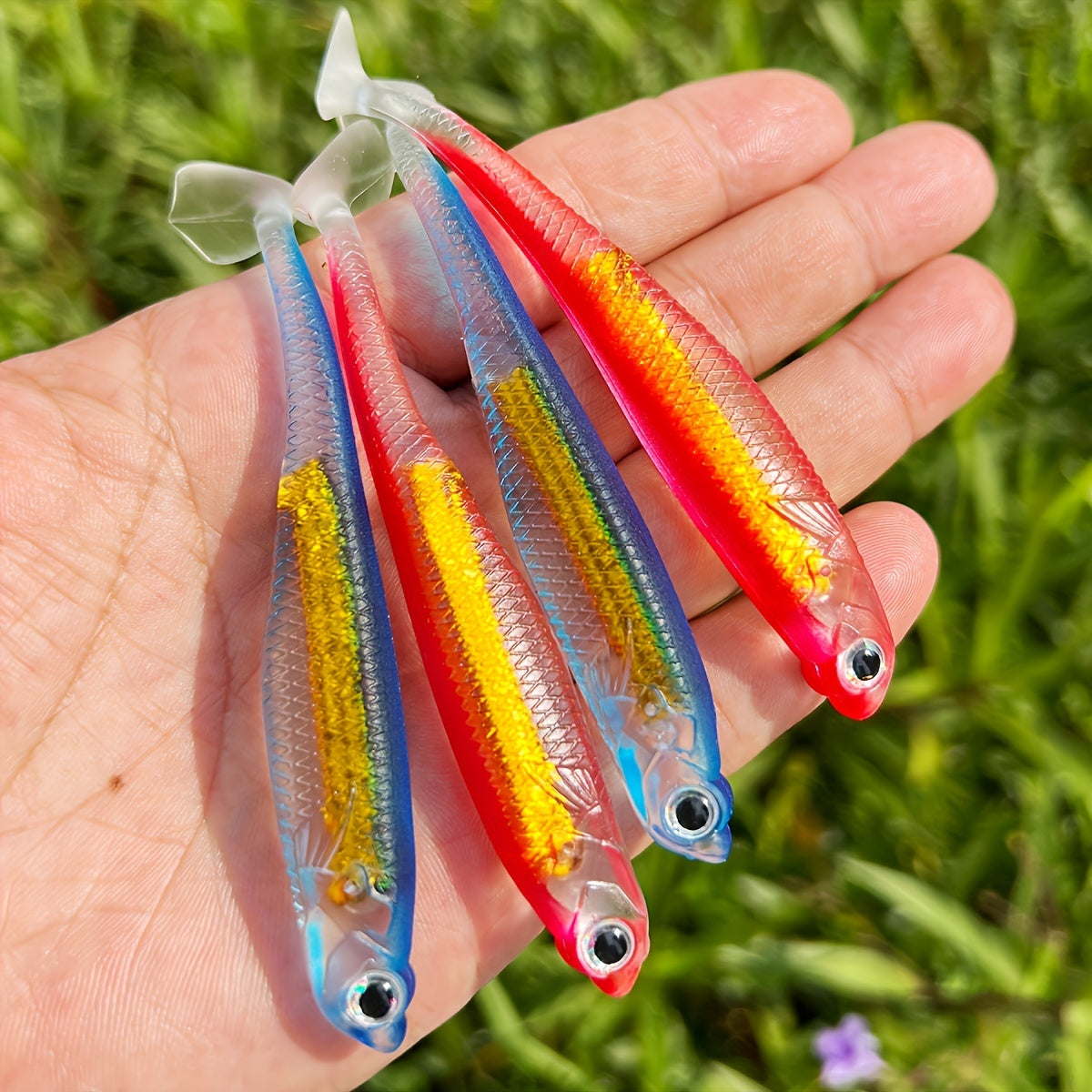 4pcs Rainbow T-Tail Soft Lures, 3.94" PVC Fishing Baits for Freshwater & Saltwater -