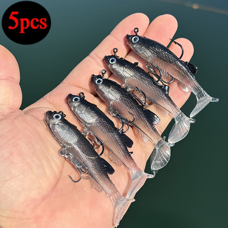 5pcs Premium T-Tail Soft Lures - 8.0cm Leaded Fishing Baits for Freshwater & Saltwater, Ideal for Bass, Redfish, Salmon, Trout, Snakehead, Pike - Mixed Colors