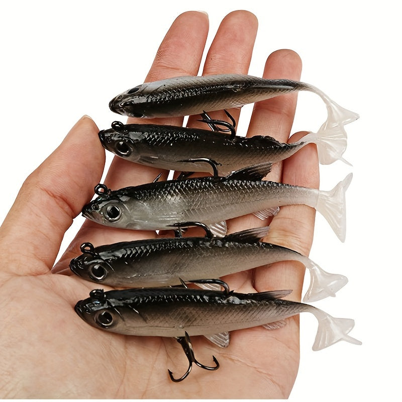 5pcs Premium T-Tail Soft Lures - 8.0cm Leaded Fishing Baits for Freshwater & Saltwater, Ideal for Bass, Redfish, Salmon, Trout, Snakehead, Pike - Mixed Colors