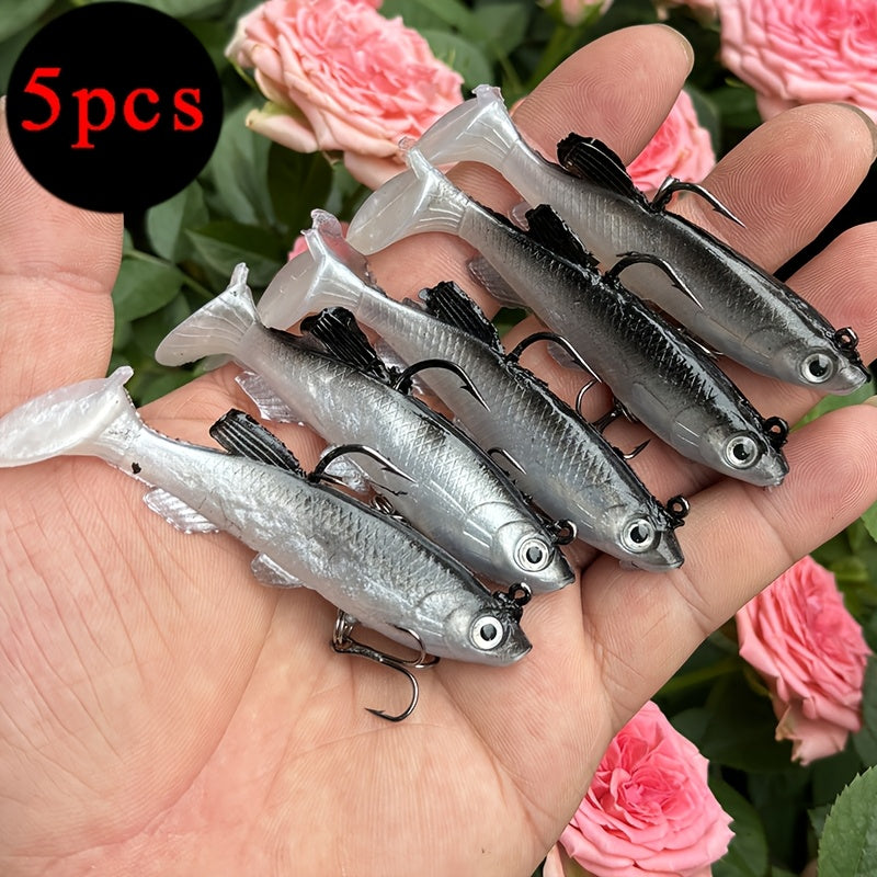 5pcs Premium T-Tail Soft Lures - 8.0cm Leaded Fishing Baits for Freshwater & Saltwater, Ideal for Bass, Redfish, Salmon, Trout, Snakehead, Pike - Mixed Colors