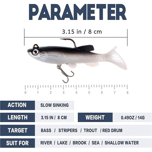 5pcs Premium T-Tail Soft Lures - 8.0cm Leaded Fishing Baits for Freshwater & Saltwater, Ideal for Bass, Redfish, Salmon, Trout, Snakehead, Pike - Mixed Colors