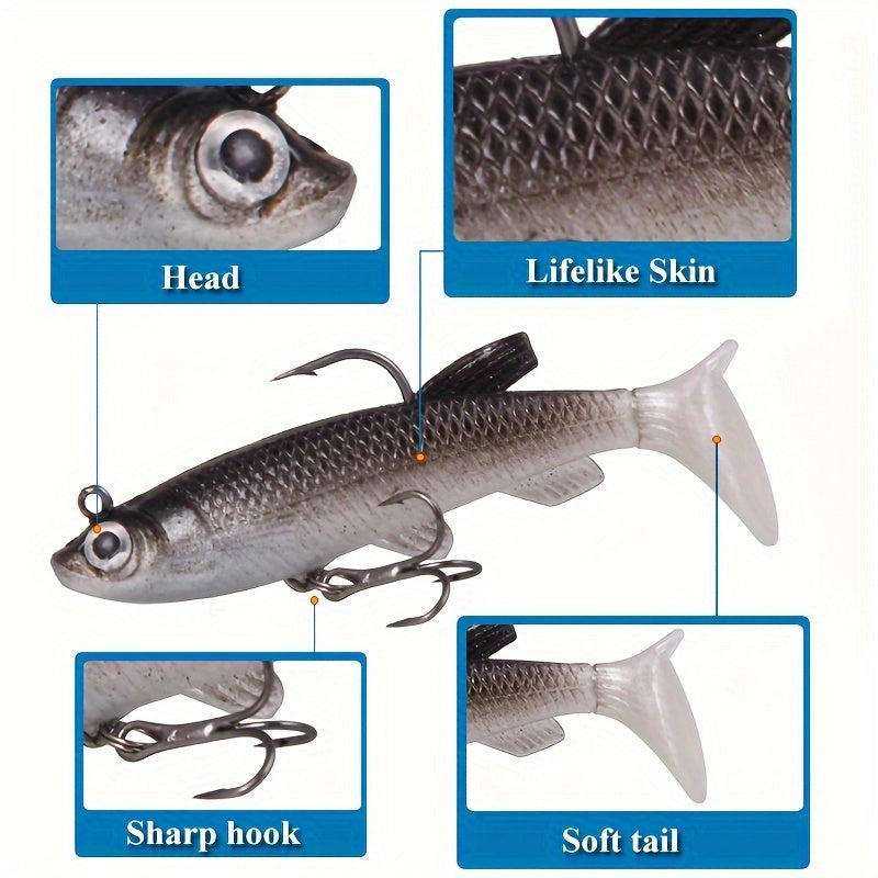 5pcs Premium T-Tail Soft Lures - 8.0cm Leaded Fishing Baits for Freshwater & Saltwater, Ideal for Bass, Redfish, Salmon, Trout, Snakehead, Pike - Mixed Colors