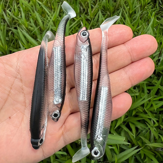 4pcs Rainbow T-Tail Soft Lures, 3.94" PVC Fishing Baits for Freshwater & Saltwater -