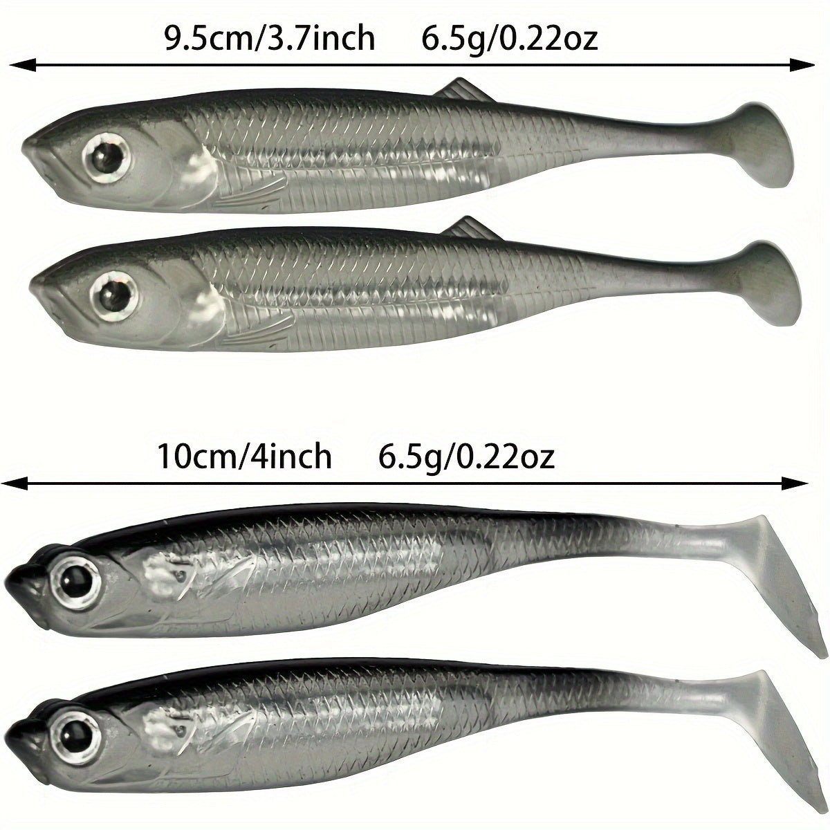4pcs Rainbow T-Tail Soft Lures, 3.94" PVC Fishing Baits for Freshwater & Saltwater -