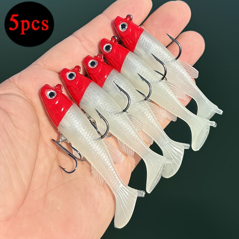 5pcs Premium T-Tail Soft Lures - 8.0cm Leaded Fishing Baits for Freshwater & Saltwater, Ideal for Bass, Redfish, Salmon, Trout, Snakehead, Pike - Mixed Colors