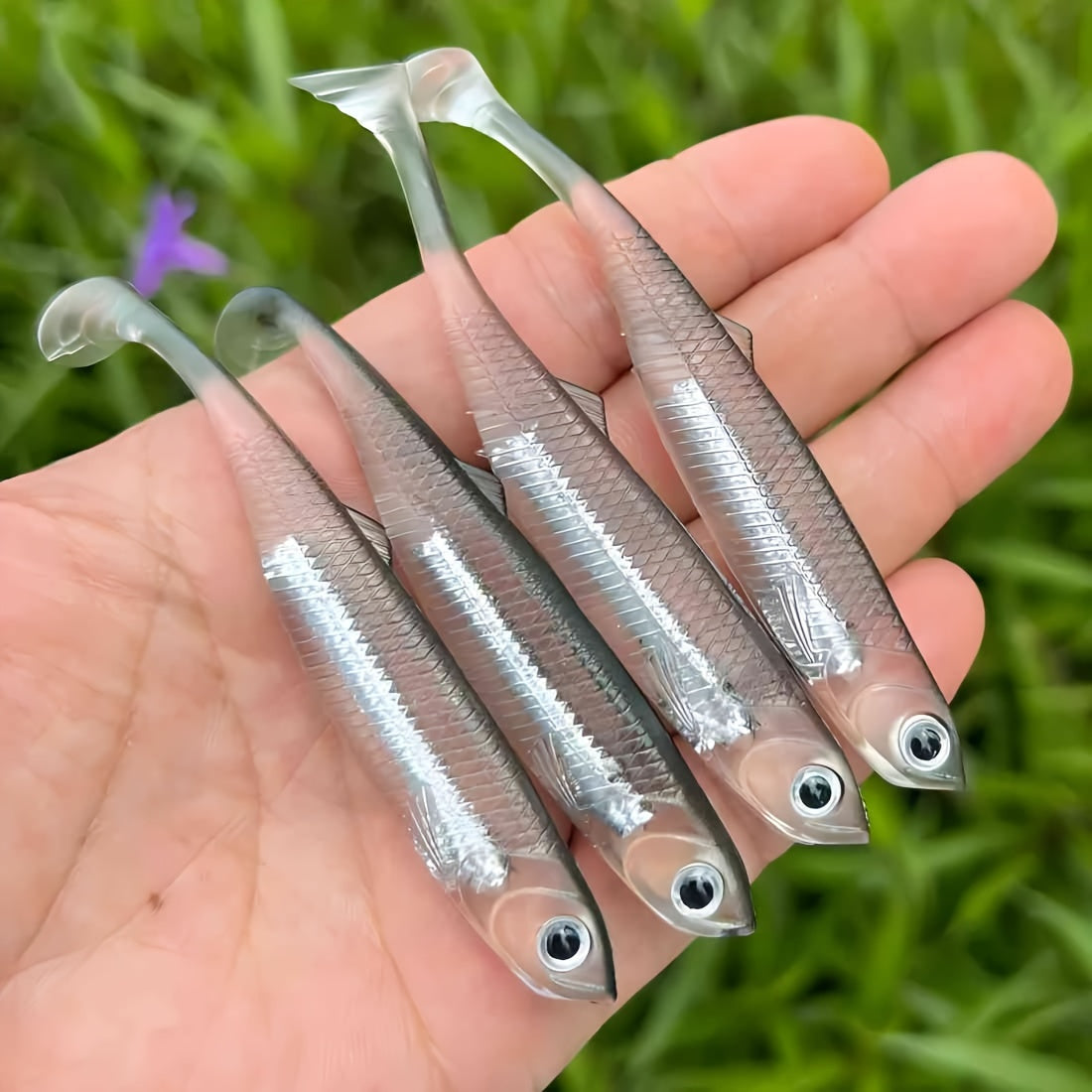 4pcs Rainbow T-Tail Soft Lures, 3.94" PVC Fishing Baits for Freshwater & Saltwater -