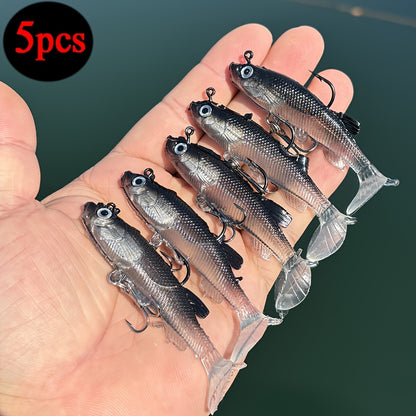 5pcs Premium T-Tail Soft Lures - 8.0cm Leaded Fishing Baits for Freshwater & Saltwater, Ideal for Bass, Redfish, Salmon, Trout, Snakehead, Pike - Mixed Colors