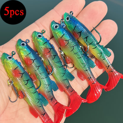 5pcs Premium T-Tail Soft Lures - 8.0cm Leaded Fishing Baits for Freshwater & Saltwater, Ideal for Bass, Redfish, Salmon, Trout, Snakehead, Pike - Mixed Colors