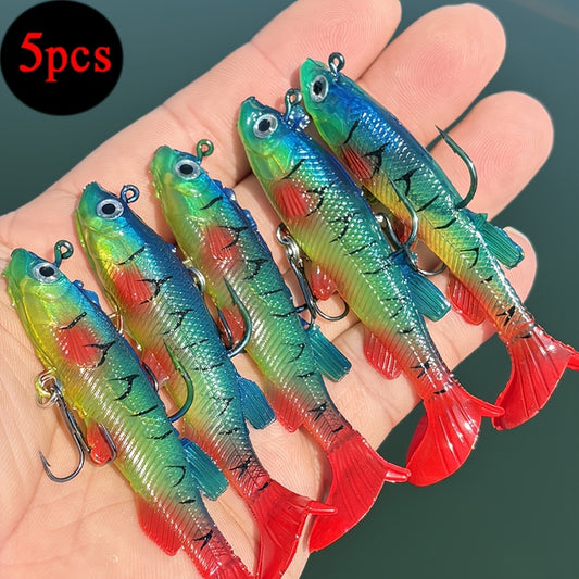 5pcs Premium T-Tail Soft Lures - 8.0cm Leaded Fishing Baits for Freshwater & Saltwater, Ideal for Bass, Redfish, Salmon, Trout, Snakehead, Pike - Mixed Colors