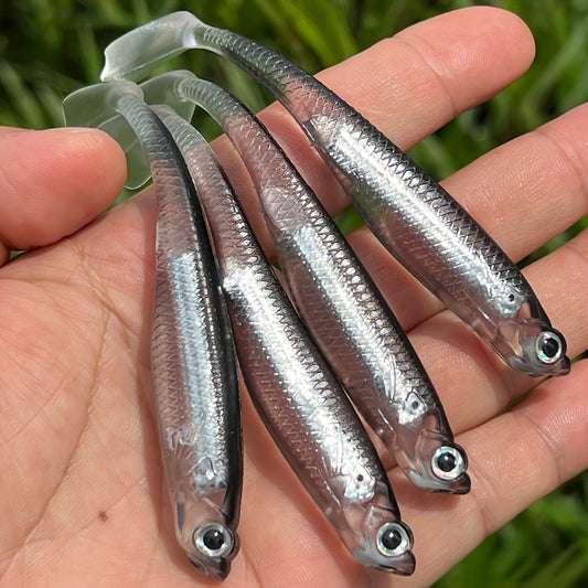 4pcs Rainbow T-Tail Soft Lures, 3.94" PVC Fishing Baits for Freshwater & Saltwater -